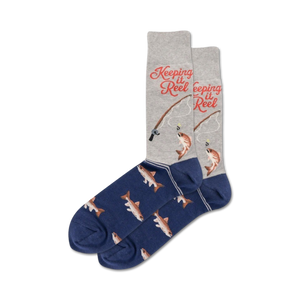 men's gray and blue crew socks with red and white fish pattern and 'keeping it reel' cursive writing on top 