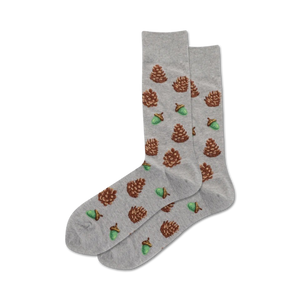 gray crew socks for men with brown pine cones and green acorns pattern.   
