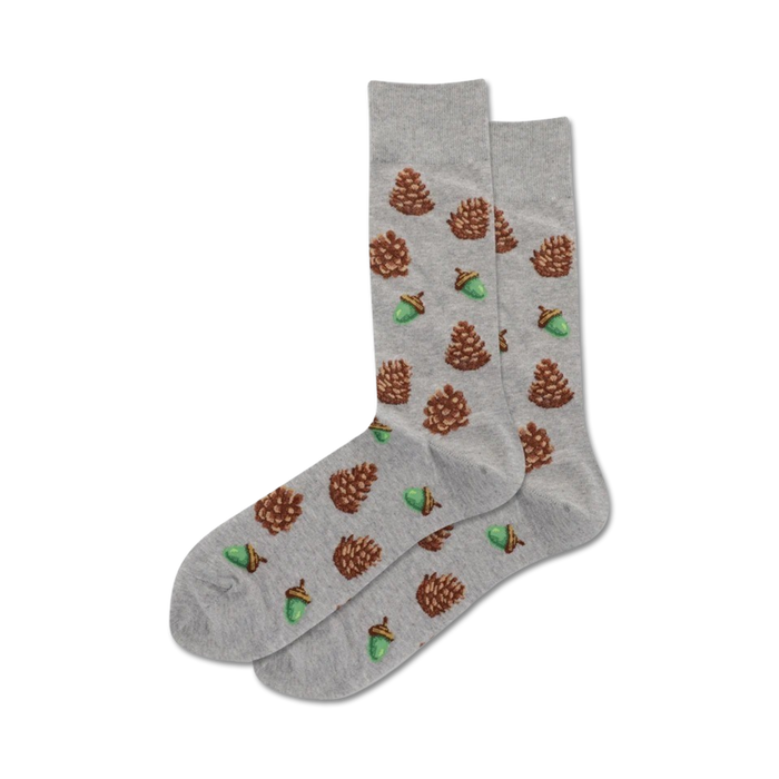 gray crew socks for men with brown pine cones and green acorns pattern.   