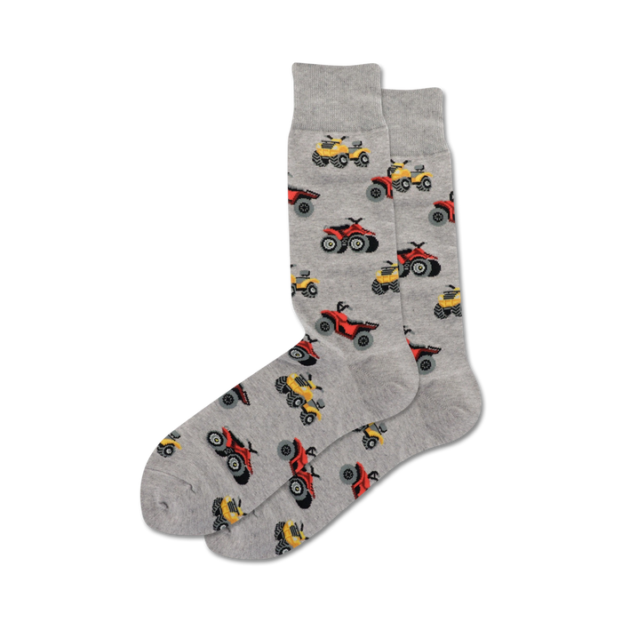 crew length grey socks feature an all-over print of red, yellow, and black atvs. great for men who love to ride.    }}