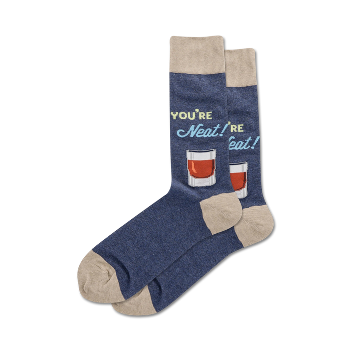 blue novelty socks with cartoon whiskey glasses and whiskey puns. perfect for whiskey lovers.    }}
