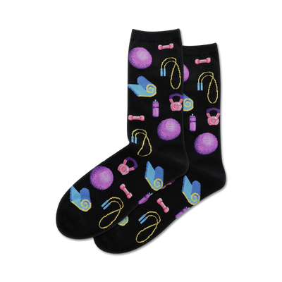 Pair of black crew socks with a fun pattern of purple and pink exercise equipment like weights, jump ropes, and yoga mats.