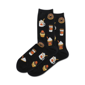 Pair of black crew socks with a whimsical pattern of pumpkin spice lattes, cupcakes, and donuts.