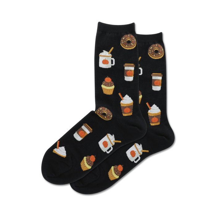 Pair of black crew socks with a whimsical pattern of pumpkin spice lattes, cupcakes, and donuts.