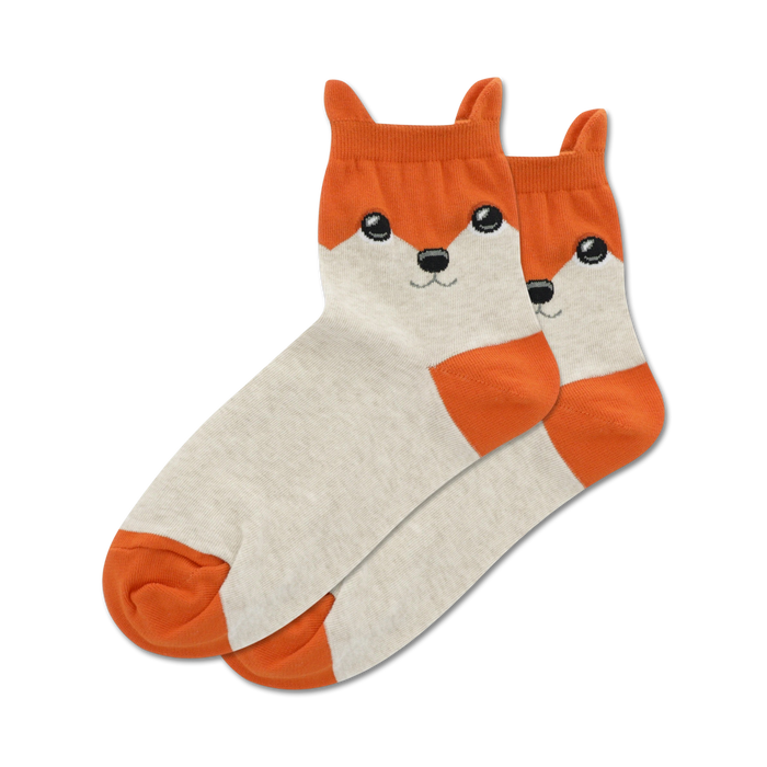 Pair of grey and orange fox anklet socks. The socks feature a cute fox face design on the upper part of the sock. }}