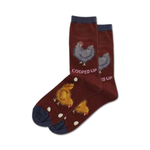 Pair of maroon crew socks with a navy cuff. Features illustrations of chickens and eggs. Text reads 'Cooped Up'.