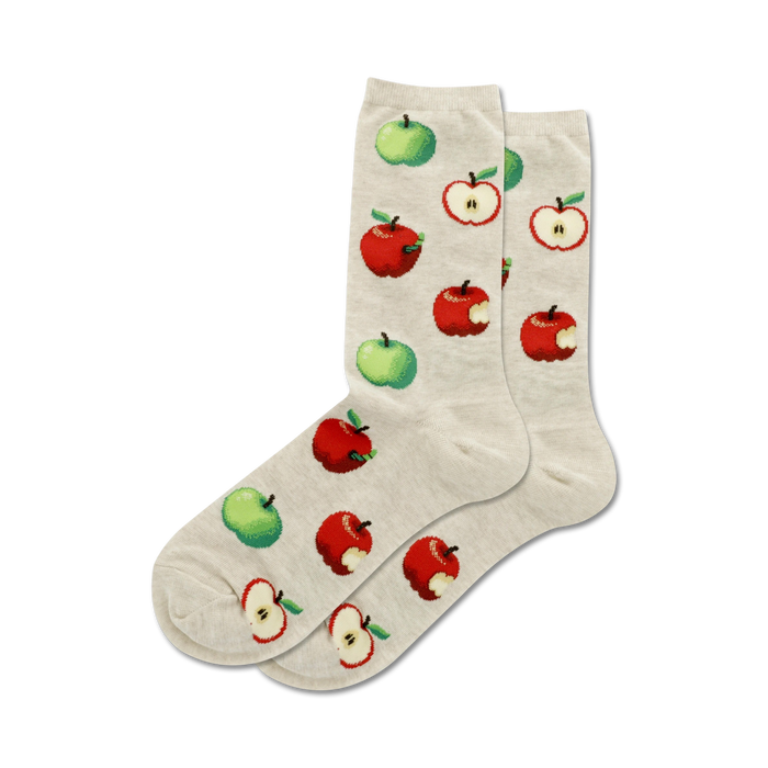 Close-up of Yummy Apples socks in beige showing the apple pattern.