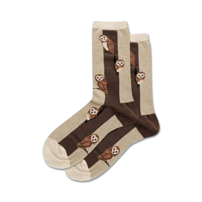 womens crew socks with a pattern of brown and white owls arranged in a column.   }}