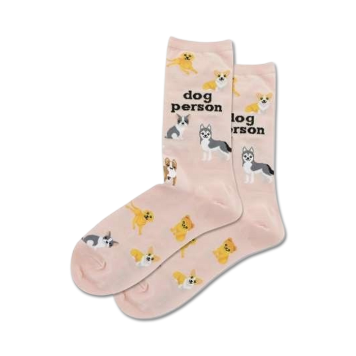 Pair of pink crew socks featuring various dog breeds and the text 'Dog Person'. }}
