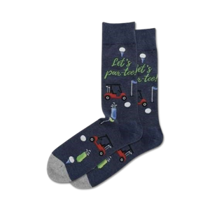 Three pairs of navy blue crew socks with a golf-themed design, including golf carts, golf balls, and golf clubs.