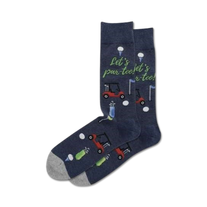 Three pairs of navy blue crew socks with a golf-themed design, including golf carts, golf balls, and golf clubs.