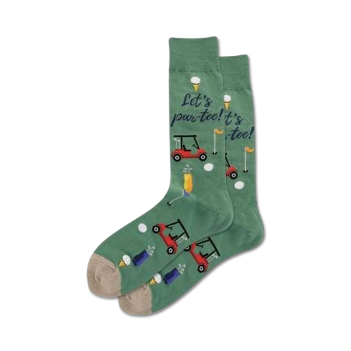 Lifestyle shot: A person's feet wearing the green 'Let's Par-Tee' golf socks.