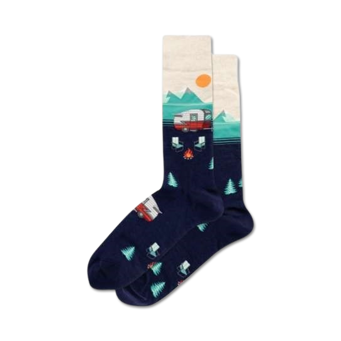 mens crew sock design features camper, chairs, evergreen trees, campfire and mountains.   }}