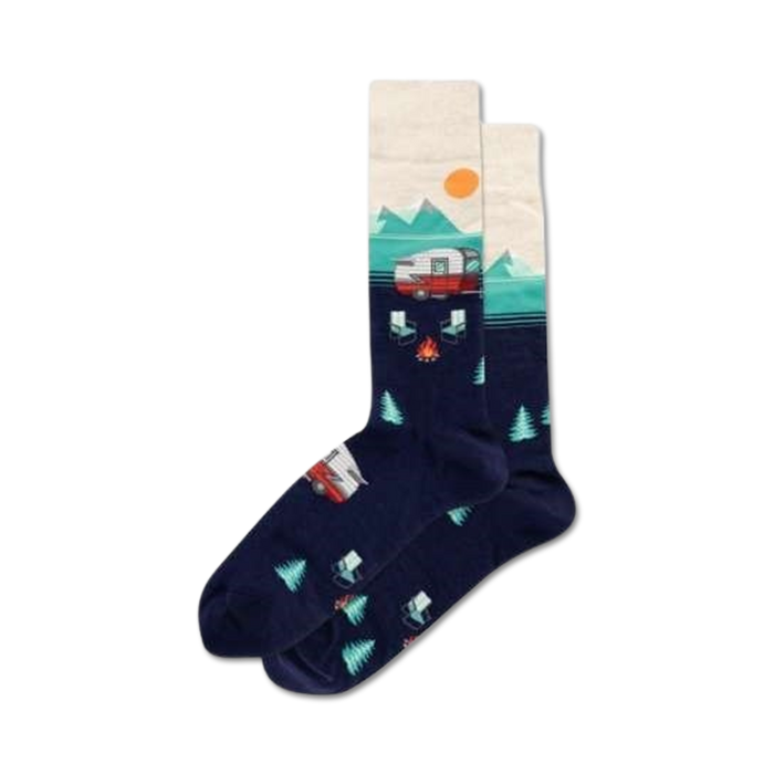 Pair of navy crew socks with a cream-colored band showing a red camper van, teal trees, and mountains. }}