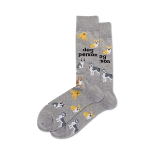 gray crew socks with cartoon dogs wearing yellow bandanas and the words 