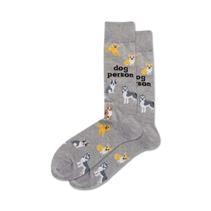 Pair of gray crew socks with a pattern of various dog breeds and the text 'Dog Person'.