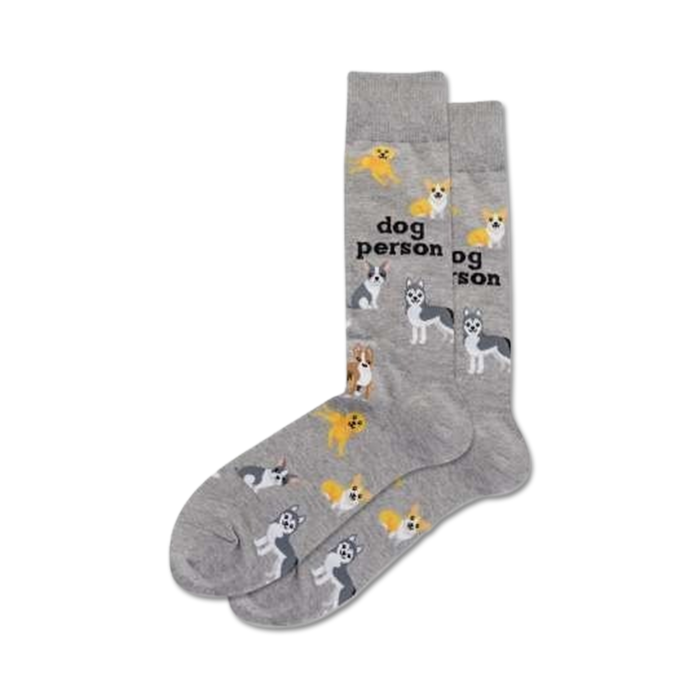 gray crew socks with cartoon dogs wearing yellow bandanas and the words 