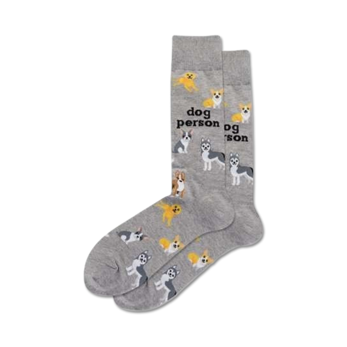 Pair of gray crew socks with a pattern of various dog breeds and the text 'Dog Person'.