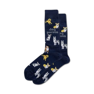 blue dog pattern crew socks with yellow lettering reading 