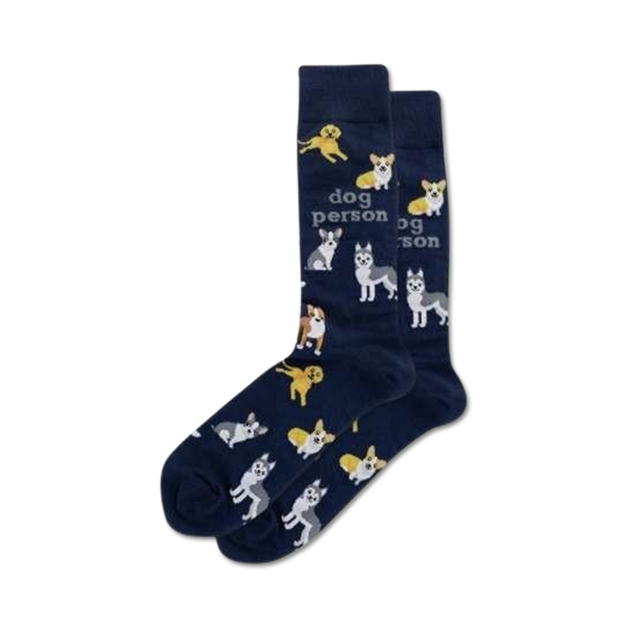 Lifestyle shot showing the navy blue 'Dog Person' socks on a person's feet.