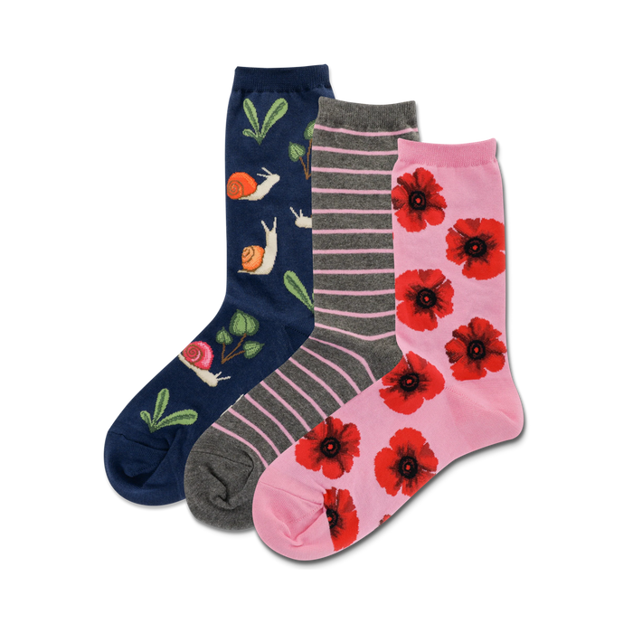 womens' mid-calf crew socks in pink, gray, and blue featuring a pattern of snails, leaves, and flowers in brown, blue, red, and green.    }}