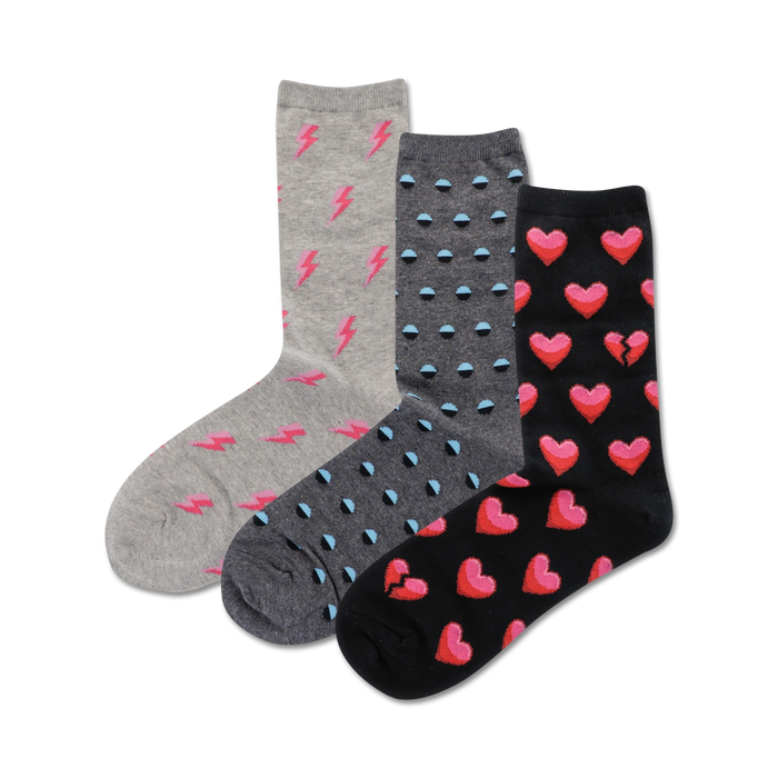 emoji heart socks, crew length, pink, blue, gray, black, three pack, novelty socks, womens socks.    }}