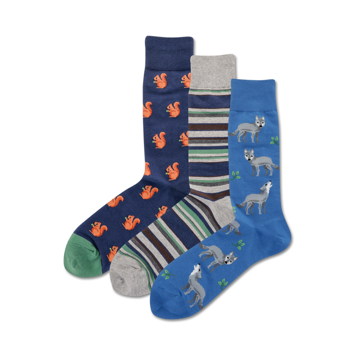 mens crew socks in blue, gray and green feature pattern of red squirrels and gray wolves.   }}