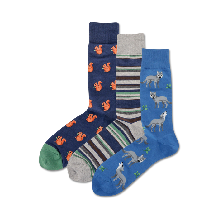 Three crew socks: one with orange squirrels on navy blue, one with grey and teal stripes, and one with grey wolves on blue. }}