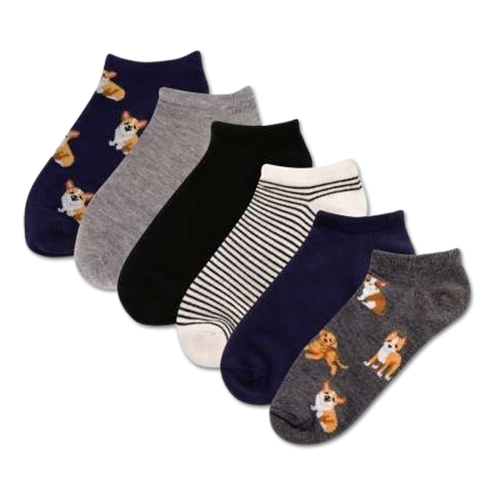 Six pairs of ankle socks in a six-pack. Designs include corgis, stripes (black and white), and solid navy and gray. }}
