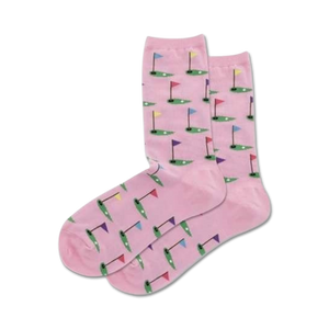 Close-up of pink crew socks with the same putting green and golf flag design as the main image.