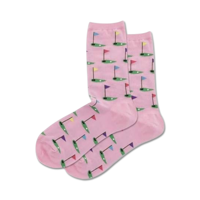 Close-up of pink crew socks with the same putting green and golf flag design as the main image.