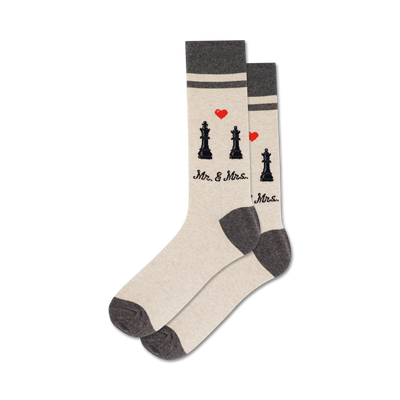 Pair of cream and grey crew socks with black chess piece and red heart design. Text reads 'Mr. & Mrs.'