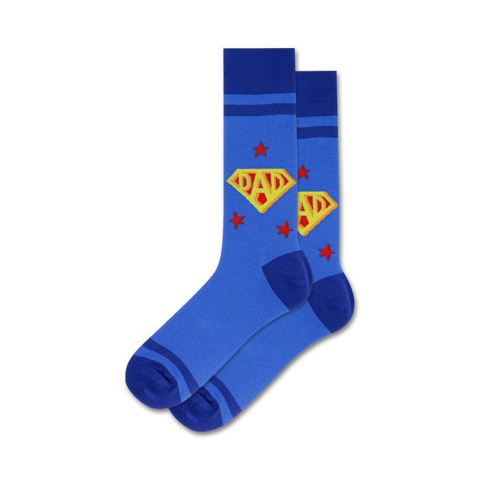 Pair of blue crew socks with red and yellow 'Super Dad' logo and stars.