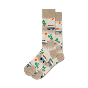 light brown mens crew socks with blue and orange vans, palm trees and setting sun pattern.  