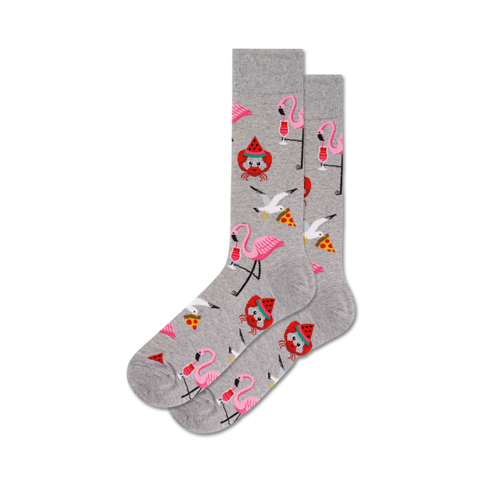 flamingo, seagull, and crab pattern crew socks for men, gray background, pink, white, red.    }}