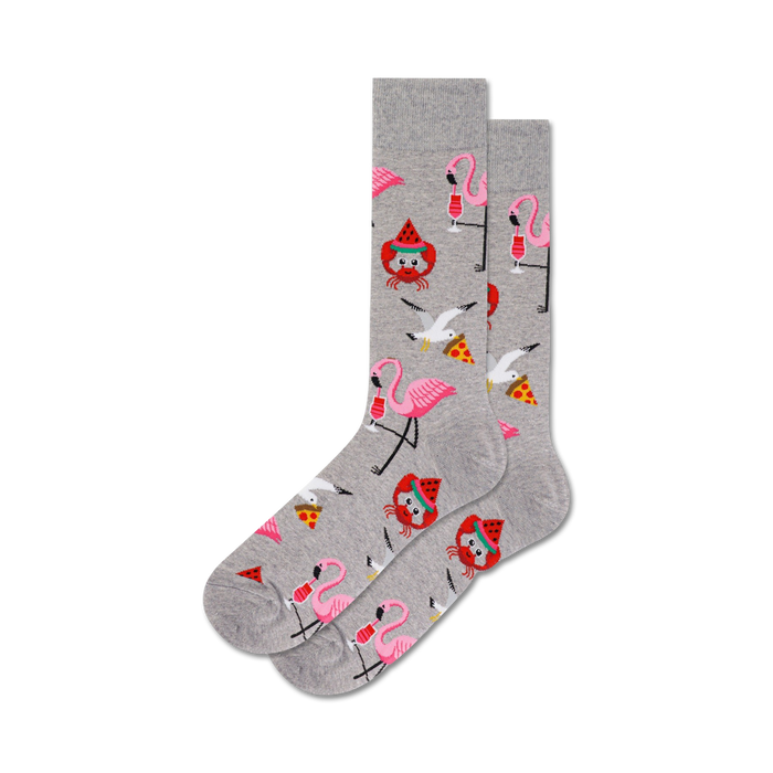 Pair of gray crew socks with fun designs. Features pink flamingos, seagulls with pizza slices, and watermelon crabs. }}