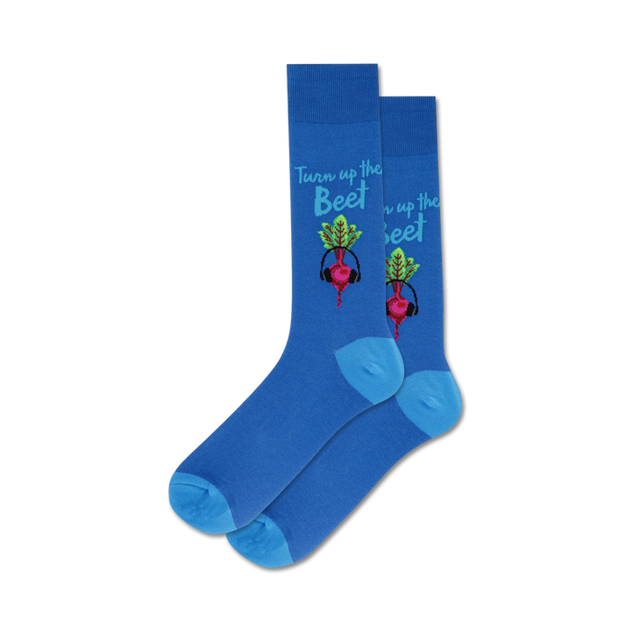 mens blue crew socks with red beetroots wearing headphones and 'turn up the beet' text.   }}