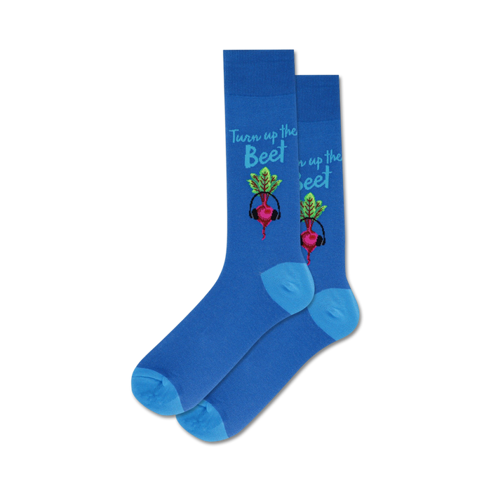 Pair of blue crew socks with a fun design. Each sock shows a beet wearing headphones and the text 'Turn up the Beet'. }}