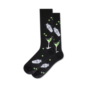 Pair of black crew socks with a fun design of martini glasses, cocktail shakers, and olives.