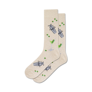 beige crew socks with martini glasses and cocktail shakers pattern in gray and light blue, with green olives.  