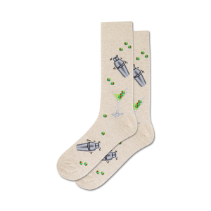 Pair of beige crew socks with the same martini-themed design as the black pair.