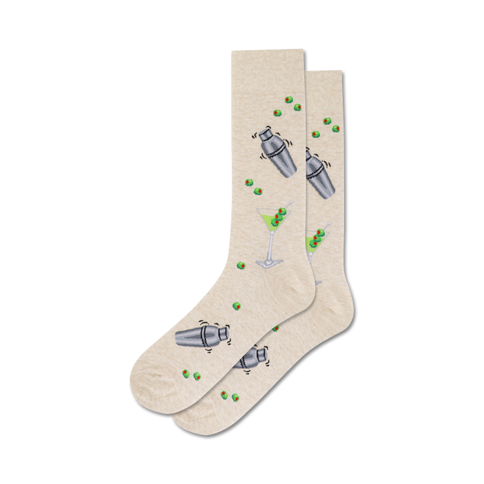 beige crew socks with martini glasses and cocktail shakers pattern in gray and light blue, with green olives.  