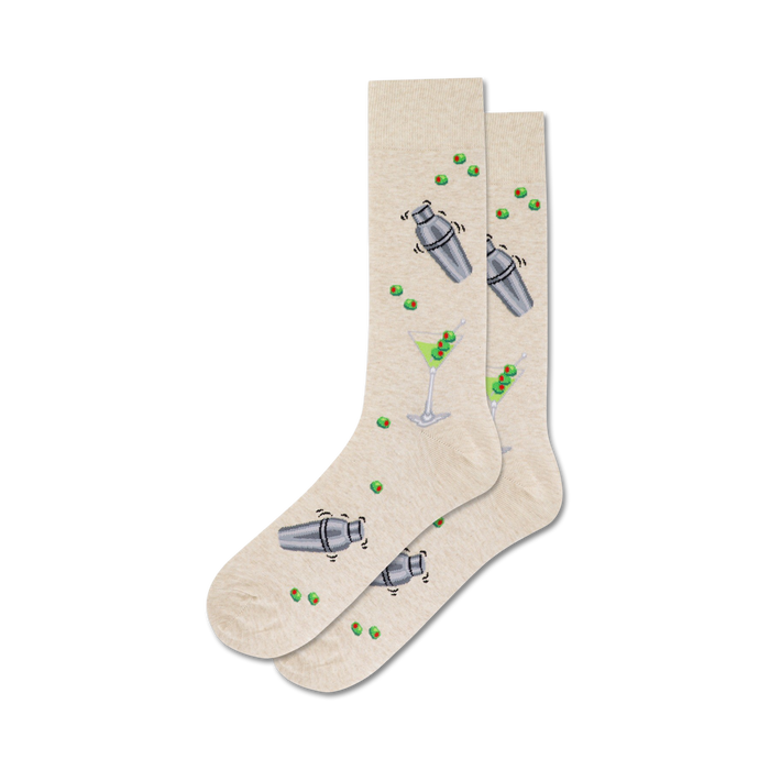 Pair of beige crew socks with the same martini-themed design as the black pair.