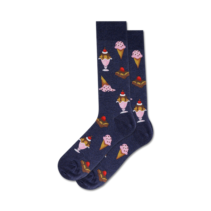 Pair of navy crew socks with a repeating pattern of ice cream sundaes and brownies.