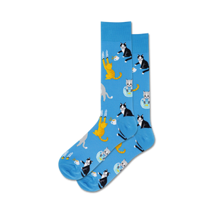 Lifestyle shot showing the blue 'Bad Cat' socks on a person's feet.
