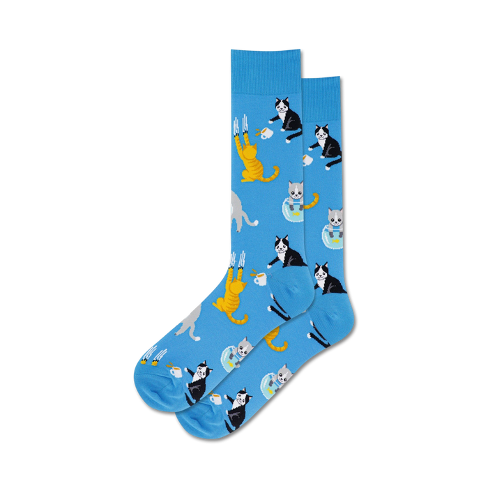 Lifestyle shot showing the blue 'Bad Cat' socks on a person's feet.