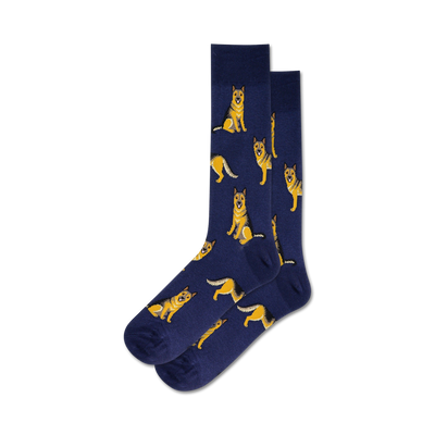Pair of crew socks, navy blue with repeating pattern of illustrated German Shepherds in gold.