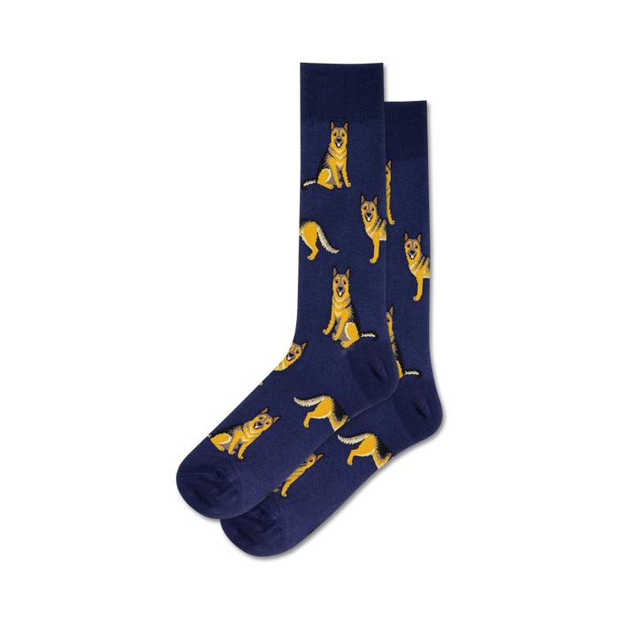 Pair of crew socks, navy blue with repeating pattern of illustrated German Shepherds in gold.