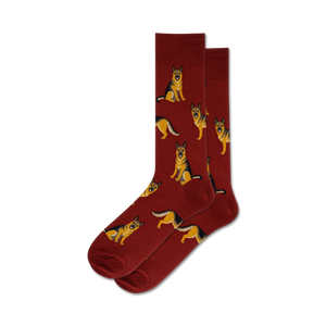 Lifestyle shot of a person's feet wearing the red German Shepherd socks.