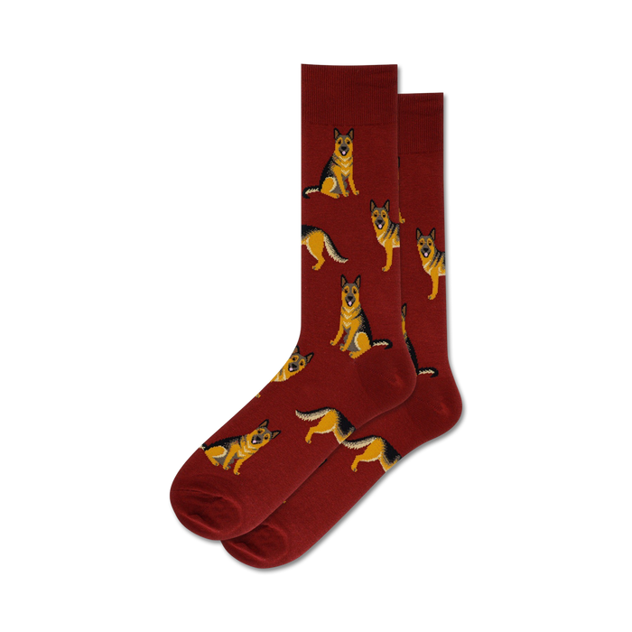 Lifestyle shot of a person's feet wearing the red German Shepherd socks.